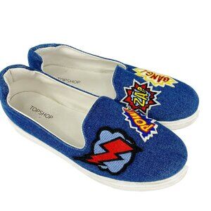 Topshop Shoes Womens Size 7.5 Blue Denim Graphic Slip On Sneakers Comic Cartoon